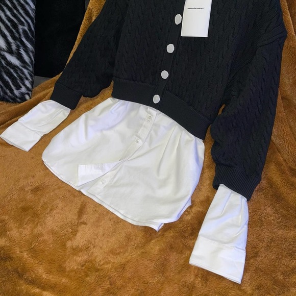 Alexander Wang Bi-Layer Cable Knit Cardigan in Black & White - Picture 7 of 14